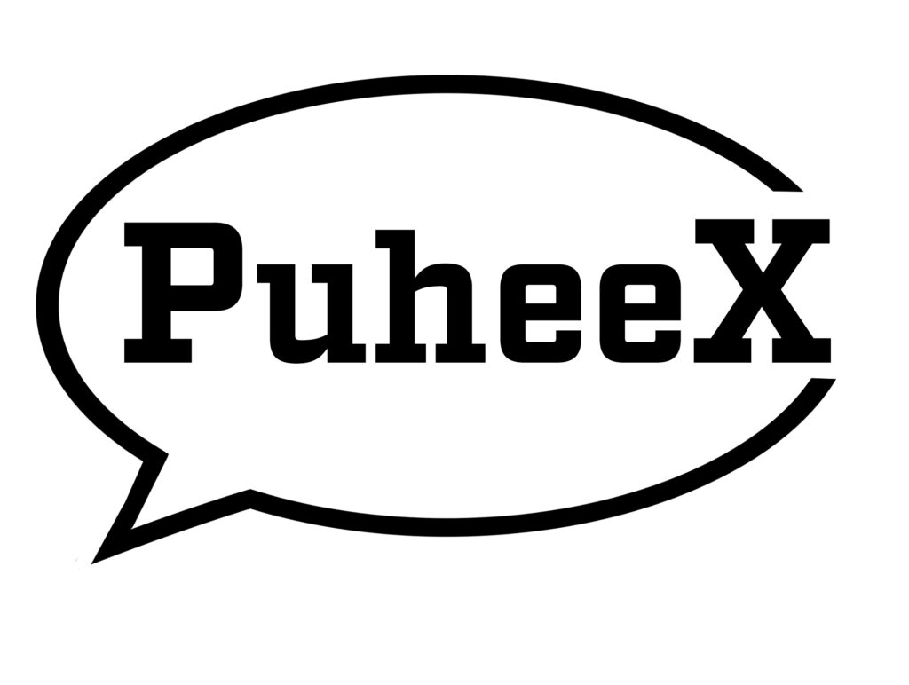 PuheeX-hankkeen logo, jossa mustalla ääriviivalla piirretty puhekupla, jonka sisällä teksti PuheeX.